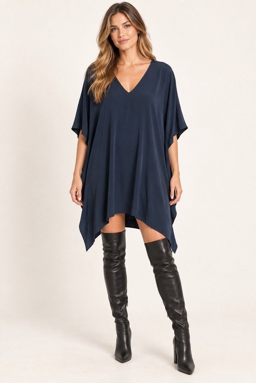 Vince 100% Silk Kaftan V Neck Navy Satin Tunic Dress Size Small New